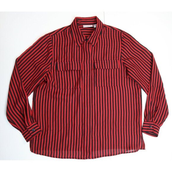 VINTAGE WOMEN'S RED & BLACK STRIPED BUTTON-UP BLOUSE - ALFRED DUNNER - SIZE 12P - Picture 1 of 6